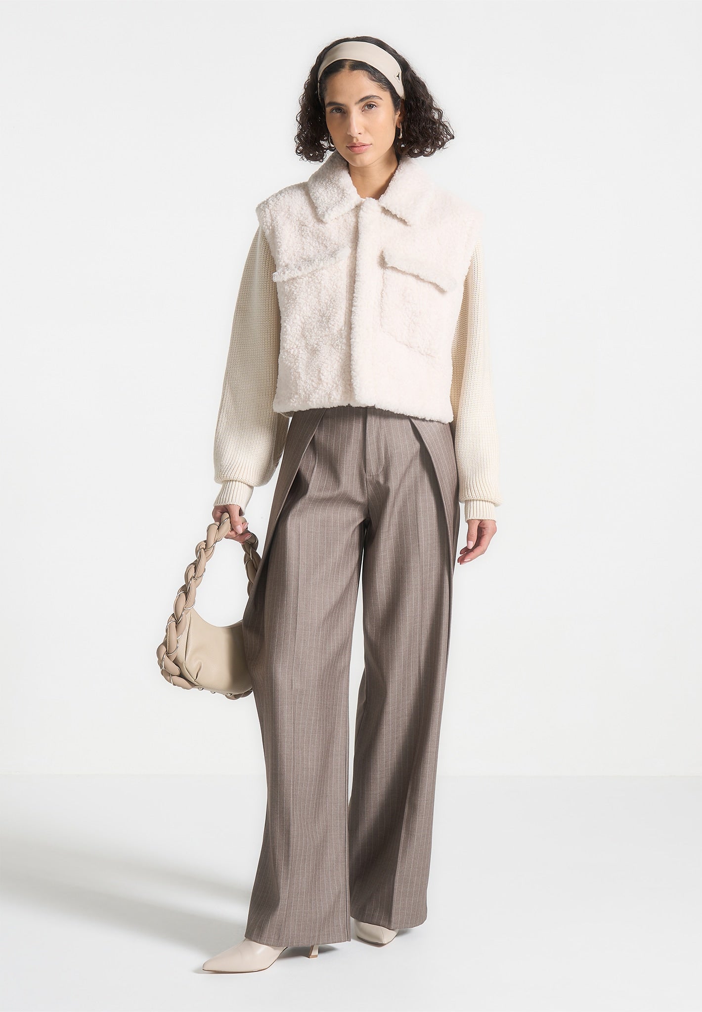 Plush Jacket With Knitted Sleeves - Cream