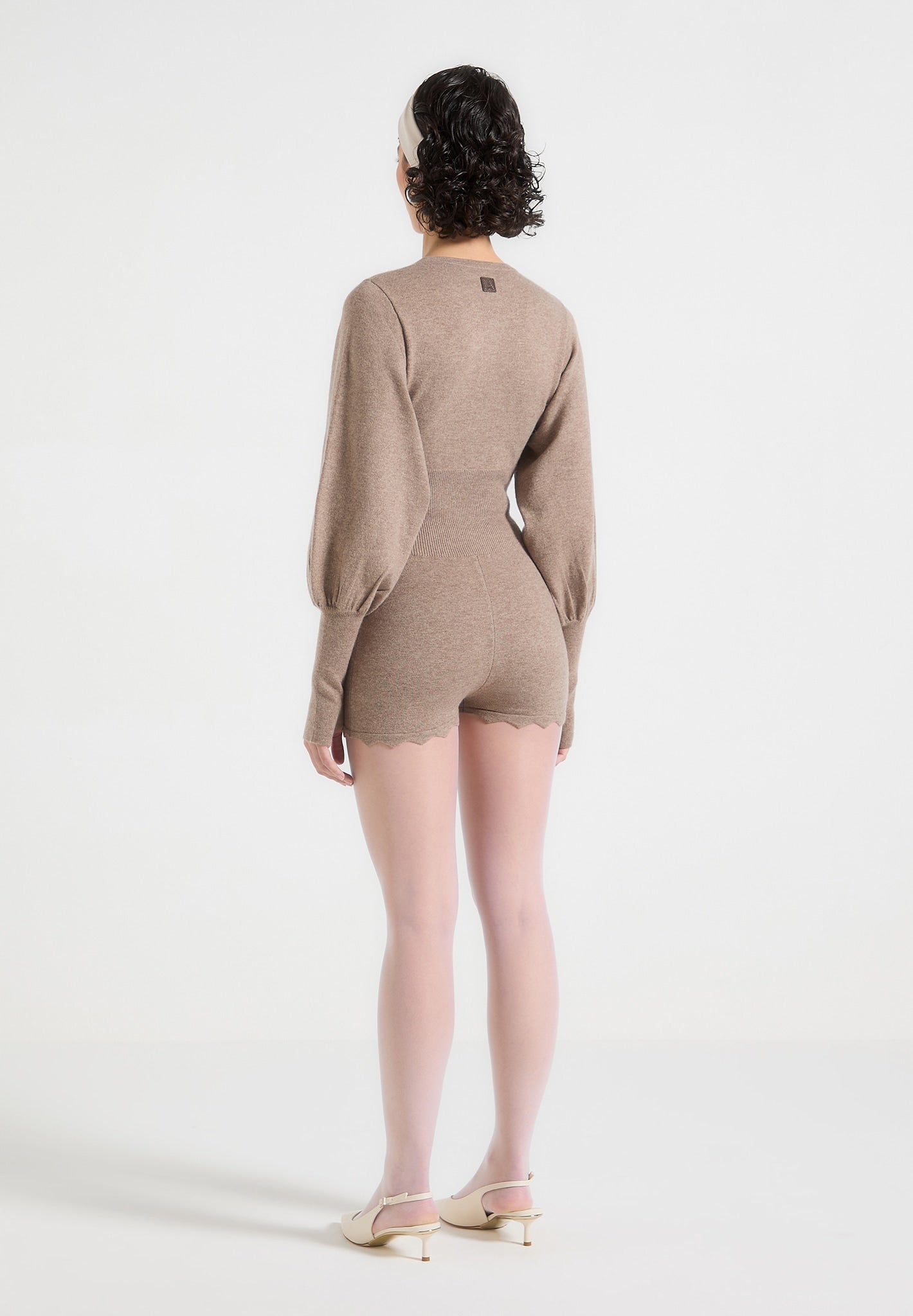Knitted Scallop Hem Playsuit - Taupe