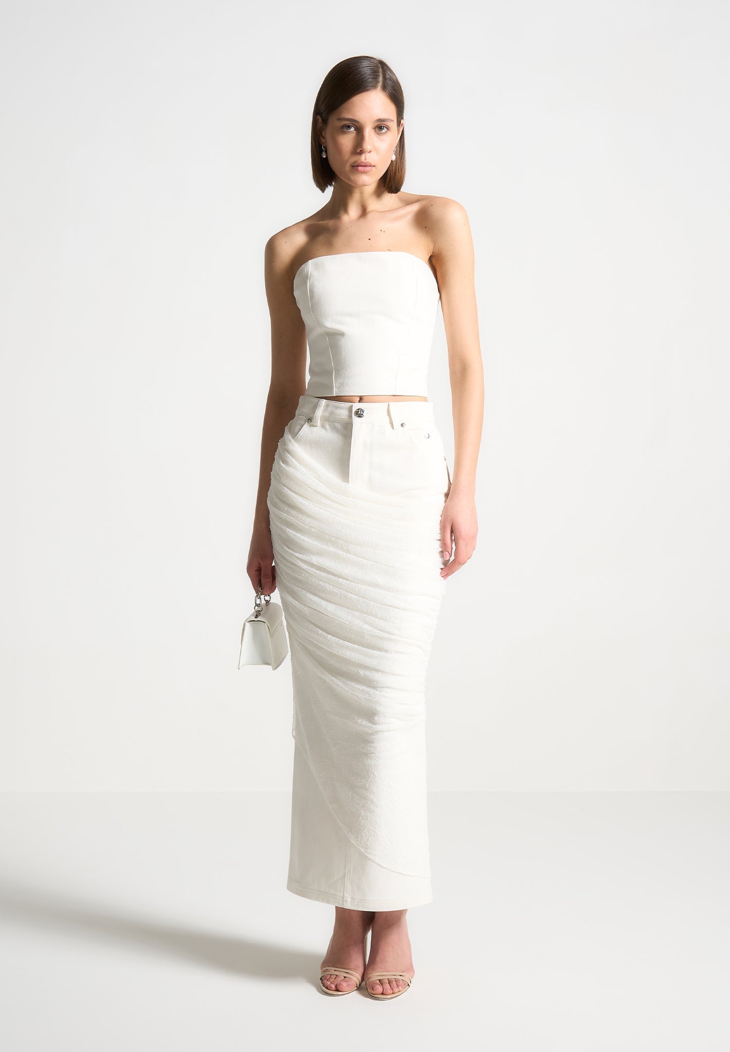 Draped Mesh Denim Maxi Skirt - Off White