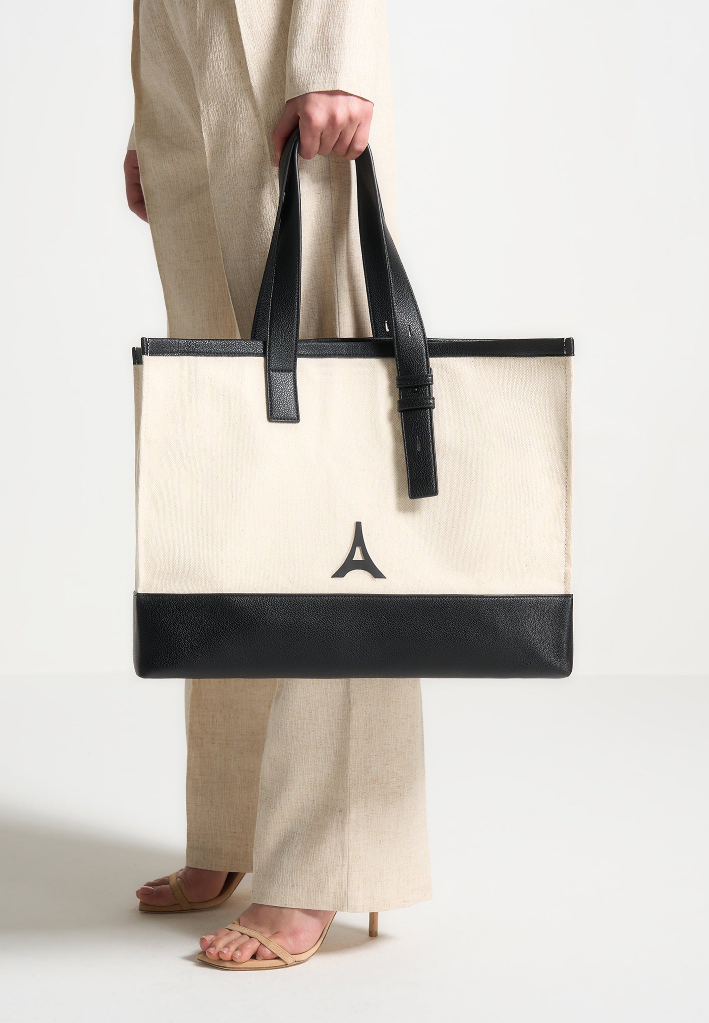 Eiffel Detail Canvas Tote Bag - Beige/Black