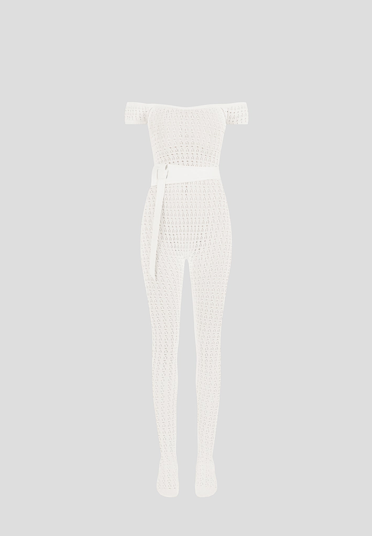Pointelle Knit Bardot Jumpsuit with Belt - Cream