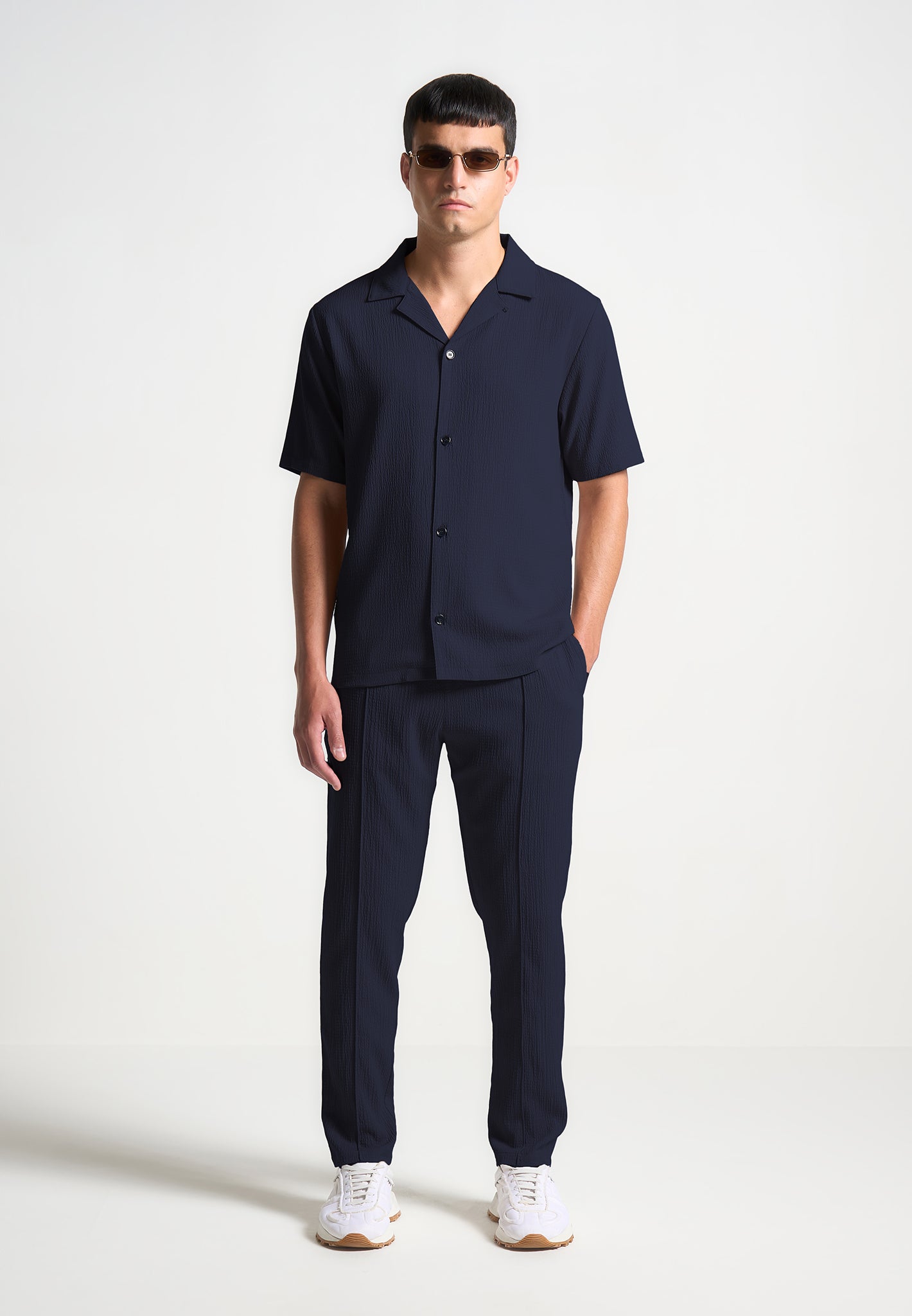 Seersucker Tapered Trousers - Navy