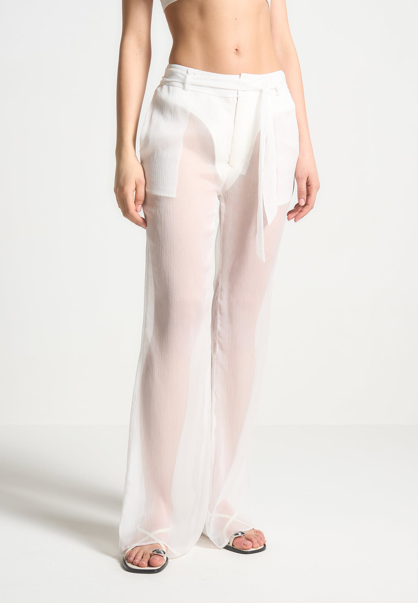 Sheer Belted Trousers - White
