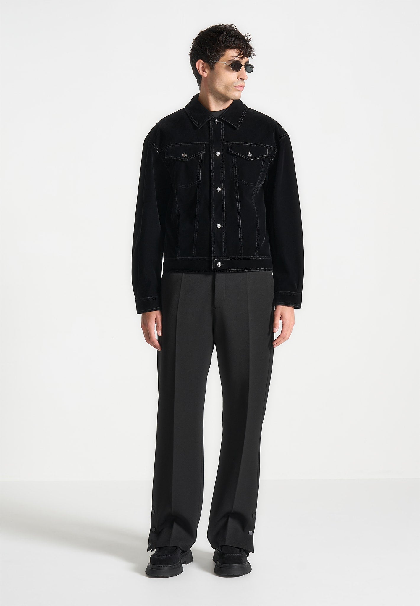 Velvet Contrast Stitch Trucker Jacket - Black